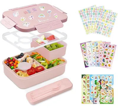 Zdjęcie produktu dla Pudełko na jedzenie dla dzieci z przegródkami, pojemność 1300 ml, szczelne, lunchbox z zestawem sztućców, różowe, 6 przegródek