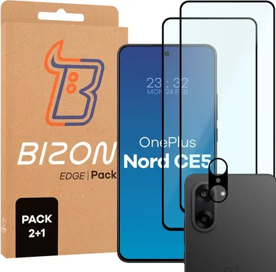 Produktbild von Gehärtetes Glas - 2 Stück + Kameraschutz für OnePlus Nord CE5 5G, Bizon Glass Edge Pack, Schwarz