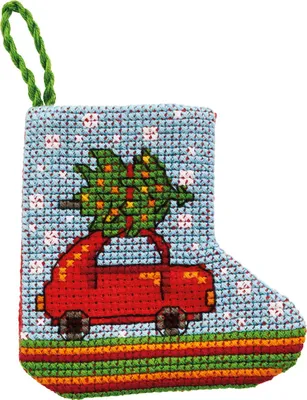 Productafbeelding van Permin kruisstik set, kerstsokje mini "Kerstauto", telpatroon, 7x7 cm