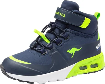 A single blue and neon green KangaROOS shoe is shown against a white background.