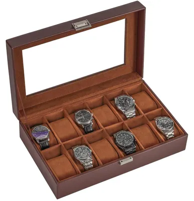 Image de Boîte à montres de 12 compartiments avec couvercle en verre, couleur marron