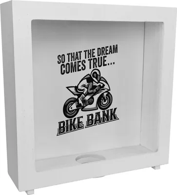 Produktbild von Bike Bank Rahmen Spardose aus Holz mit Spruch und Motorrad in weiß