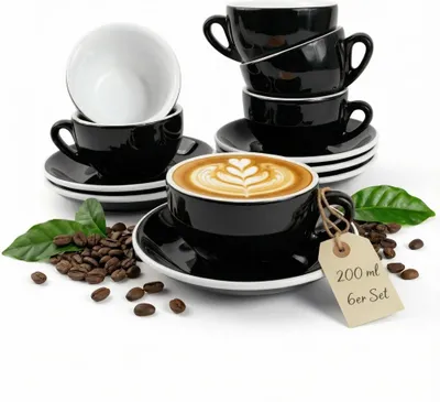 Produktbild von MUVELL 6er Cappuccino / Kaffee-Set "RIMINI" inkl. Tasse 200ml + Untertasse 16cm, schwarz