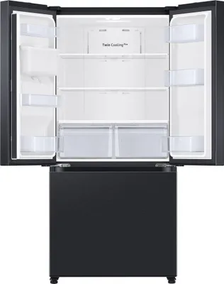 The interior of an open black French-door refrigerator.
