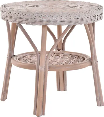 Produktbild von KRINES HOME Rattan-Tisch / Beistelltisch Rund / Couchtisch Rattantisch Ablage (Vintage Weiss)