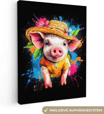 Produktbild von MuchoWow® - Leinwandbilder - Graffiti - Sommer - Schwein - Lustig - Tier, Wandbild, Wanddeko Bilder Wohnzimmer, 30x40 cm