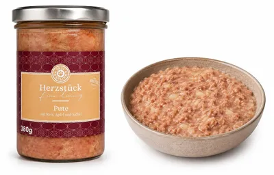Produktbild von Paul & Paulina Herzstück Pute 380g Glas mit Pastinake, Reis und Salbei
