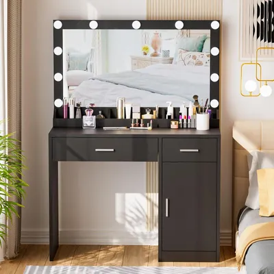 Produktbild von Schminktisch mit LED-Beleuchtung, einstellbare Helligkeit, mit Spiegel und 2 Schubladen und 1 Schrank,mit Steckdosen,Kosmetiktisch, Schwarz