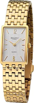 A product shot of a gold-colored watch with a rectangular white face.