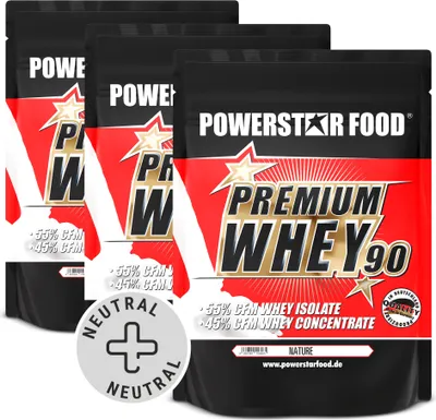 Produktbild von Powerstar PREMIUM WHEY 90 | 90% Protein i.Tr. | Whey-Protein-Pulver 3x850 g | 55% CFM Whey Isolat & 45% CFM Konzentrat | Eiweiß-Pulver Natur