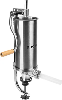 A stainless steel sausage stuffer with a wooden handle is shown against a white background.