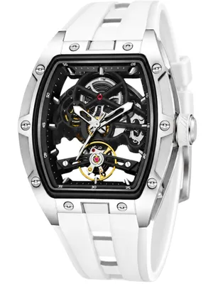 Produktbild von Automatikuhr Armbanduhr Herren Uhr Edelstahl Silikon Skelett Skelleton Rechteckig Weiß