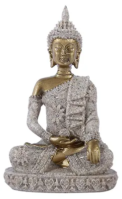 Buddha Meditationsfigur aus Sandstein, handgeschnitzt, gold, 11,5 cm