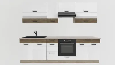 Produktbild von Küchenzeile 270 cm - FAVORIT A PLUS - Weiß Hochglanz und Sonoma Eiche - Mit Arbeitsplatte Travertin - Einbauküche - Metallbox Schubladen - Singleküche
