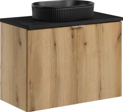 Obrázok produktu pre Kúpeľňová súprava 80 cm dub s čiernou doskou a umývadlom na podstavci