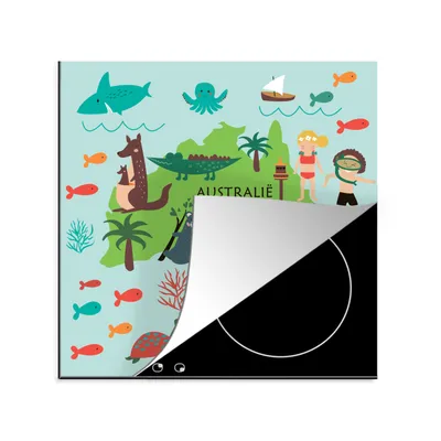 Produktbild von KitchenYeah© Herdabdeckplatte Weltkarte Kinder - Australien - Tiere , 78x78cm, Küche Deko, Glaskeramikkochfeld Herdabdeckung, Abdeckplatte fùr Kochfeld