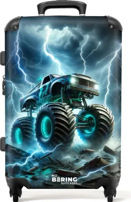 Produktbild von NoBoringSuitcases.com Kinder Koffer Mittelgroß 67x43x25 cm, 72L, Coole Drucke für Jungen: Blau - Monstertruck, Reisekoffer mit 4 Rollen