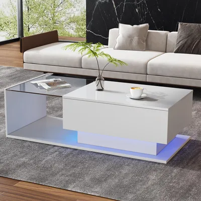 Produktbild von Couchtisch 100x50x32 cm, 100% Spanplatte, Weiß, mit Glasplatte, 1 Schublade und LED-Beleuchtung