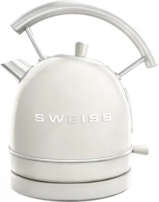 A cream-colored electric kettle with a silver handle and base, shown from the front.