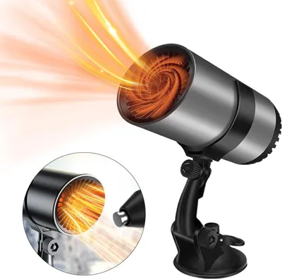 A portable car heater with a suction cup mount, showing heat waves emanating from the front.