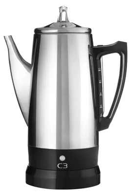 A stainless steel coffee percolator with a black base and handle, shown against a white background.