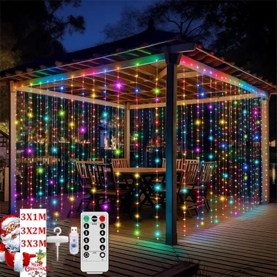Obrázek produktu pro Světelný závěs 3x2M 200 LED pohádkové světla závěs LED pohádkové světla závěs s 8 režimy IP65 vodotěsný světelný závěs venkovní vnitřní USB s dálkovým ovládáním balkon deco barevné