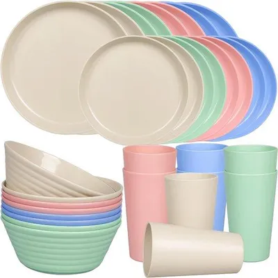 Produktbild von Plastik Camping-Servietten 32-teilig leichtes Camping-Servietten-Set - magnetron- und Geschirrspüler-beständig - Teller-Set mit Tassen und Tassen - Servietten für 4 Personen - ideal für Kinder und Camping
