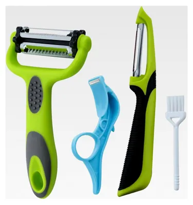 Produktbild von 4-teiliges Küchenmesser-Set: Mehrzweck-Schälmesser, Schneider, Obstschäler und Reinigungsbürste. Ideal zum Schälen von Kartoffeln, Karotten, Gemüse und Obst.