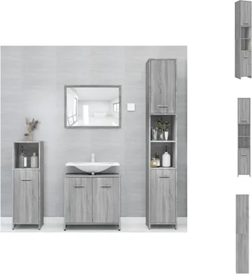 A bathroom vanity set with a sink, mirror, and two storage cabinets against a tiled wall.