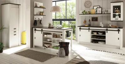 Produktbild von Küche mit Kochinsel "Stove" in weiß Pinie Küchenschrank Set 6-teilig