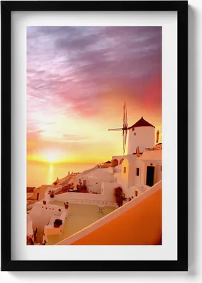 Produktbild von Santorin mit einer alten Windmühle– Wandbild mit Rahmen – Gerahmtes Bild  – Wanddekoration – 40x60 cm –  Schwarz