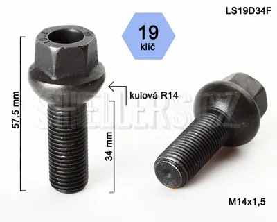 Obrázek produktu pro Kolový šroub M14x1,5x34 koule R14, klíč 19, černé, LS19D34FR14, výška 57,5