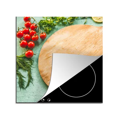 Produktbild von KitchenYeah© Herdabdeckplatte Ein rundes Schneidebrett mit allerlei Gemüse drum herum , 78x78cm, Küche Deko, Glaskeramikkochfeld Herdabdeckung, Abdeckplatte fùr Kochfeld