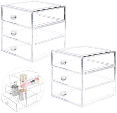 Immagine prodotto di Set da 2 organizer trasparenti impilabili in acrilico per cosmetici, con 3 cassetti (165 x 165 x 165 mm) – ideali per cosmetici e accessori