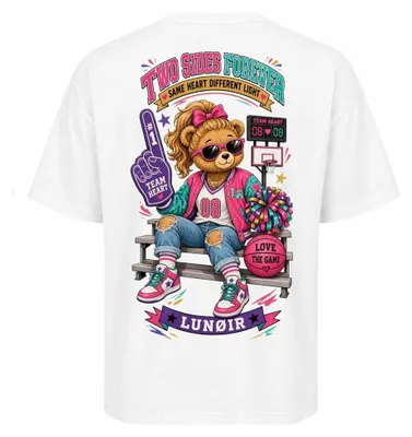 Produktbild von Damen Oversize T-Shirt Weiß XS – Bedrucktes Shirt mit Dualität Motiv aus Baumwolle – LUNØIR ©