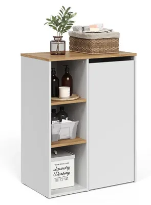 A white and wood-grain bathroom cabinet with open shelves and a closed cabinet door, styled with decorative items.