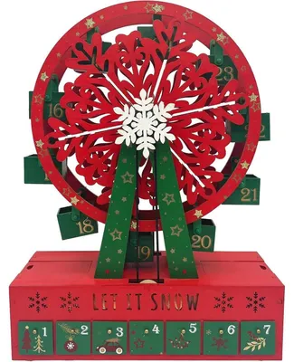 Productafbeelding van Adventskalender van hout, in de vorm van een reuzenrad, met lades en LED-verlichting, afmetingen 37x13x49 cm