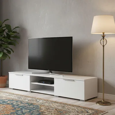 Image de Ammiro - Meuble TV, 173x40x33h cm Blanc Brillant, 2 Tiroirs