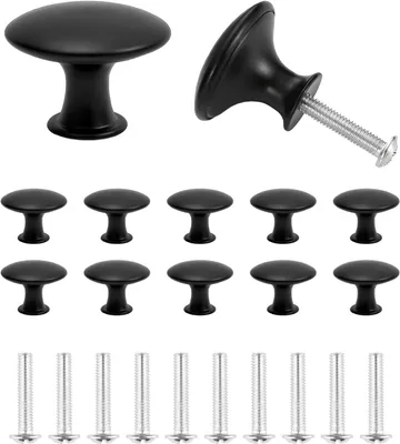 Produktbild von 10 schwarze, runde Türknöpfe aus Edelstahl (30 mm Durchmesser) mit einem Loch und Schrauben