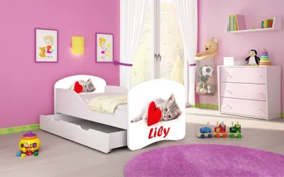 Produktbild von ACMA I Jugendbett Kinderbett Junior-Bett Komplett-Set mit Matratze Lattenrost Weiß 40 Katze mit Herz 180x80 + Bettkasten
