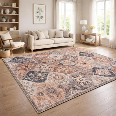 Immagine prodotto di Tappeto da salotto vintage boho moderno a pelo corto lavabile antiscivolo beige colorato dimensioni 160x220 cm