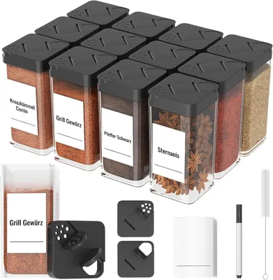 Productafbeelding van Kruidenpotten set, 12 stuks, elk 120 ml, van kunststof, luchtdicht, met doseerinzetstuk, voor in de keuken