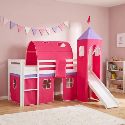Produktbild von Homestyle4u Hochbett 90x200 mit Rausfallschutz Kinder mit Rutsche Leiter Turm Tunnel Vorhang Pink