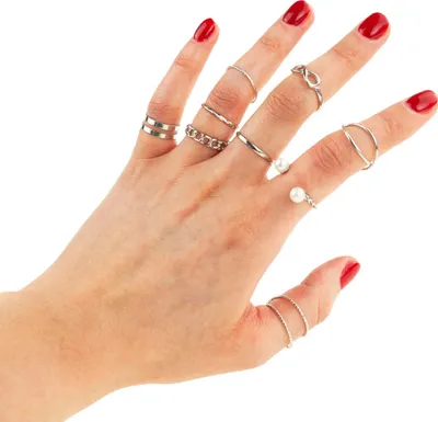 Produktbild von 9-teiliges Ringe Set aus Silber mit Kunstperlen verziert, Universelle Größe