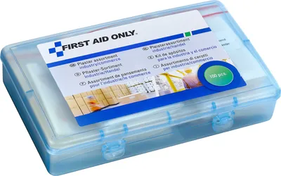 Produktbild von First Aid Only Pflasterset Industrie/Handel (100 Stück) | 100 Pflaster in verschiedenen Größen und Formen in wiederverschließbarer Pflasterbox | P-10023