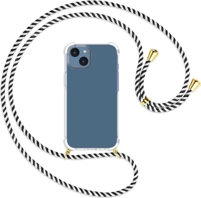 Produktbild von Handykette Backcover-Schutzhülle mit Band (Metall goldfarben) für Apple iPhone 14 (6.1'') - schwarz/weiß gestreift
