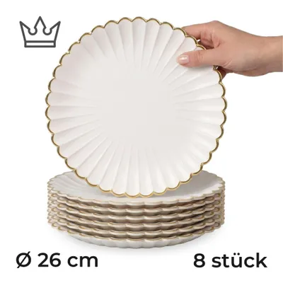 8er-Set Premium Porzellan Speiseteller Ø26 cm – Elegantes Wellendesign mit edlem Goldrand