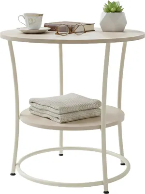 Produktbild von Relaxdays Beistelltisch, 2 Ablagen, HxD: 55 x 55 cm, Holzoptik & Metall, Sofatisch, runder Couchtisch, natur/creme