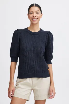 Produktbild von OXMO OXMicha Pullover Damen T-Shirt Kurzarm Shirt O-Neck halblange Ärmel kurzarm Rippbündchen Struktur-Strick mit Holz-Detail