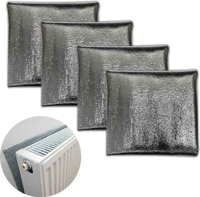 Four reflective radiator insulation sheets are shown, with a close-up inset showing one sheet placed behind a radiator.